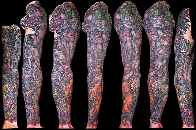 wolfs in the woods wildlife forest color sleeve tattoo