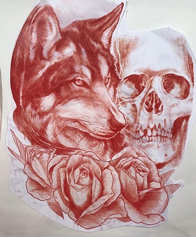 wolf skull roses