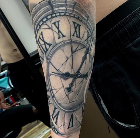 custom black and grey clock tattoo illustrative semi realistic detailed 