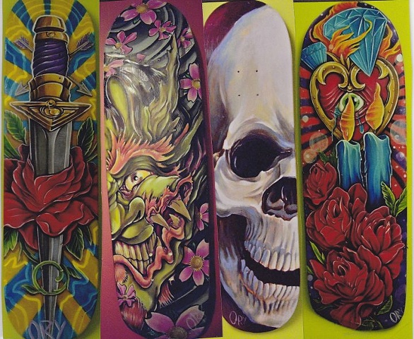 skateboard acrylic paint art roses skull devil demon