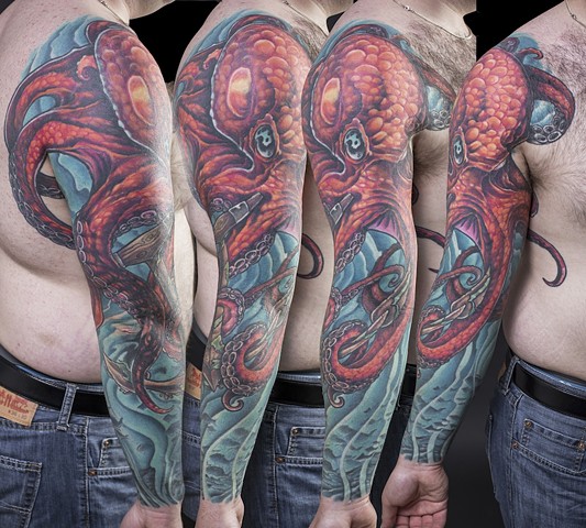 octopus in the ocean full sleeve colour tattoo