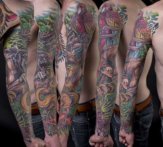 Jungle attack gorilla vs snake full sleeve nature colour tattoo