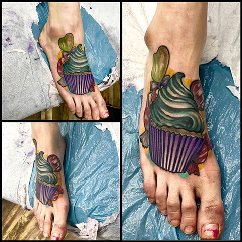 Full color cupcake foot tattoo custom detailed colour baking feet tattoos