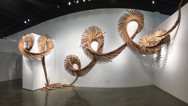 "Premium" 2019. Lath installation for "Immersion" at City of Brea Gallery, Brea, CA. By Barbara Holmes