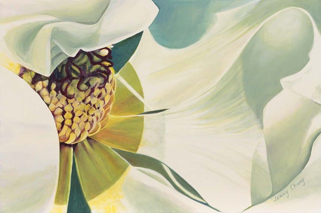 unfurling, magnolia, petals, acrylic, canvas, painting, synthetic polymer