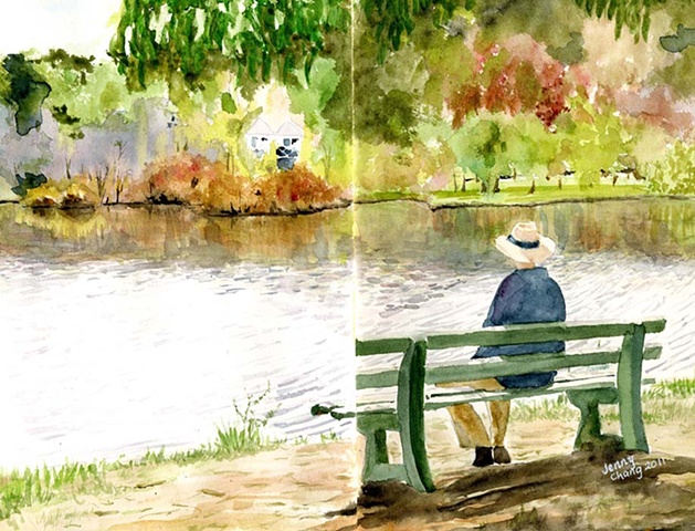 Man, sitting bench, lake, watercolour portrait, Daylesford, vintage, illustration
