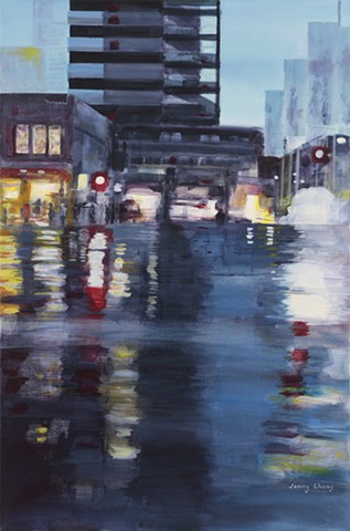 cityscape, city, reflections, rain, acrylic, synthetic polymer, canvas, painting