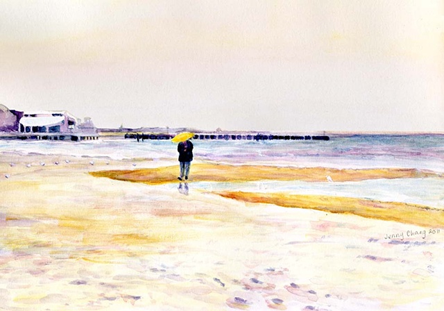 figure, person, yellow, umbrella, walk, beach, watercolour portrait, illustration