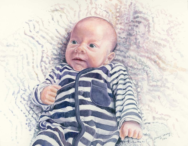 baby, portrait, watercolour, blue, stripes, growsuit, knitted, woollen, blanket, illustration