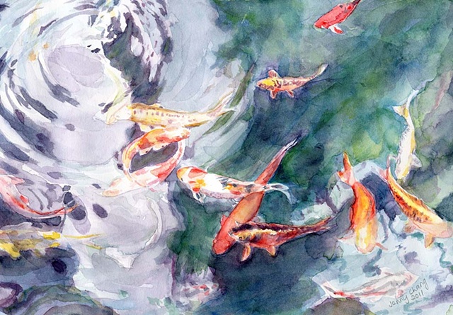 Koi carp swimming in pond, bright colour, watercolour, vintage, illustration