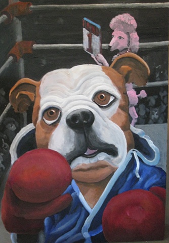 Painting of dog, boxer, bulldog, boxing ring, fight