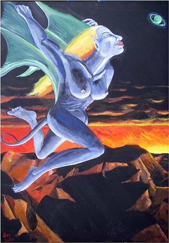 Blue woman, flying woman, alien female, black, orange, blue