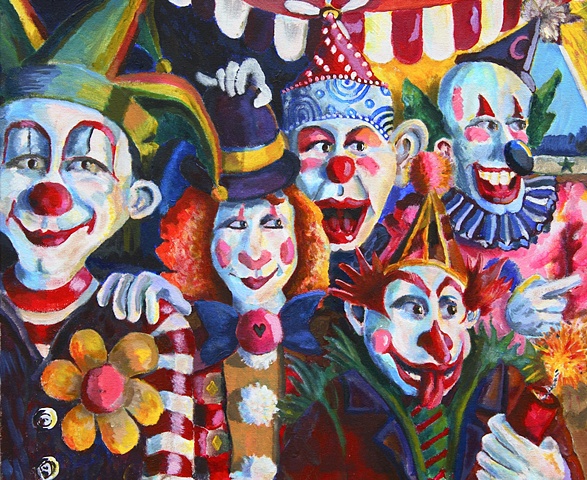 circus, clowns, flower, wig, hats, quintet