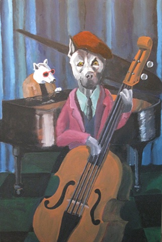 Painting of dog, bass player, upright bass, jazz musician, grand piano, Great Dane