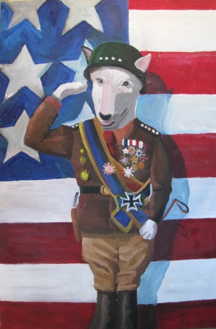 Painting of dog, Patton, American flag, salute, uniform, pit bull