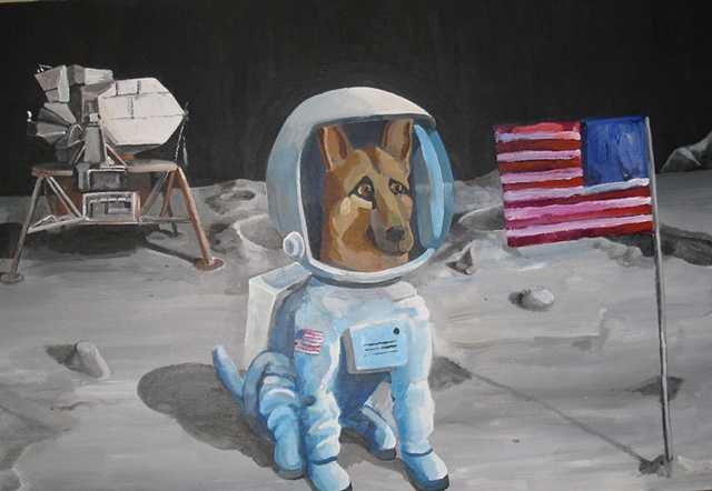 Painting of dog, astronaut, moon, moonscape, german shepherd, american flag, dog astronaut