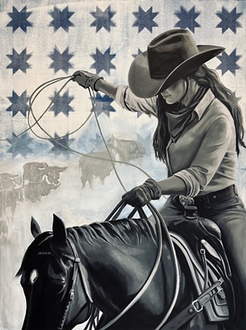 cowgirl roping dusty cattle