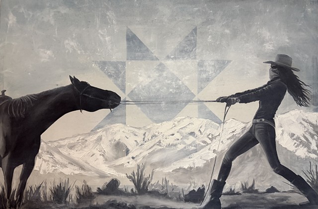 cowgirl pulling a stubborn horse