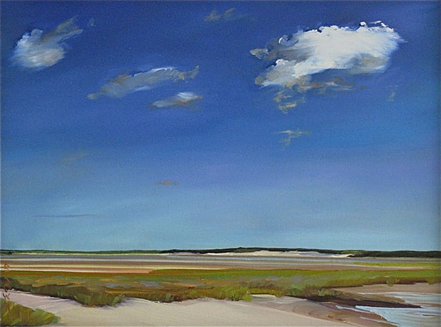 Jo Brown, "Harbinger" (copyright 2010) oil on archival canvas board 12" x 16". Fine art seascape oil painting by Baltimore artist Jo Brown, depicting singular high white clouds on deep blue summer sky above low salt flats, Skaket Beach, Orleans, MA, paint