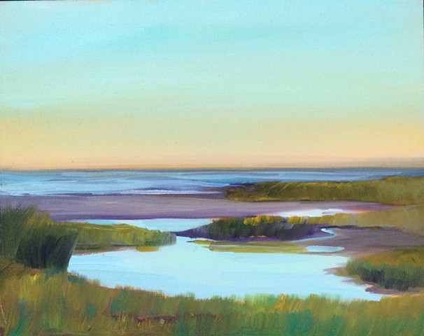 Abstract-realist oil painting, "Concord," by American artist Jo Brown, depicting still water in a tidal pool at dusk. 