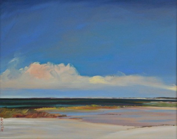 Jo Brown, "Big Pink Cloud" (copyright 2011) 16" x 20" oil on archival canvas board depicting Cape Cod Bay seascape in luminist yet abstract style.