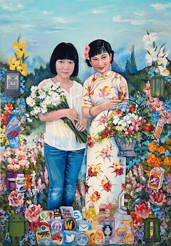 oil painting by Qing Song, Cigarette Girls