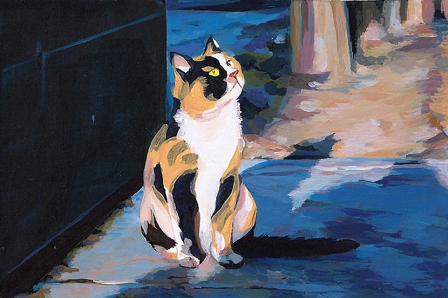 Painting by Qing Song, Acrylic Painting on Paper by Qing Song, Cat Painting by Qing Song