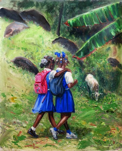 Two Schoolchildren and Goat