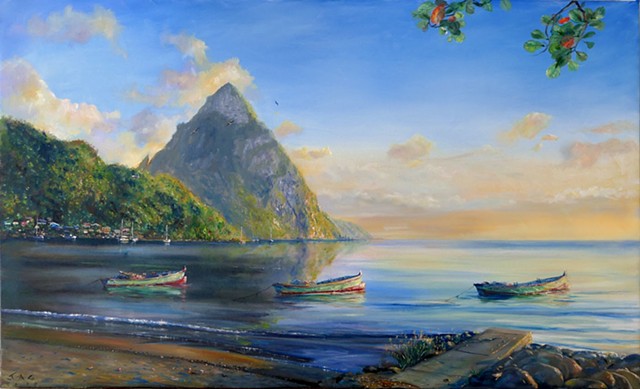 Petit Piton with Three Gommier Boats