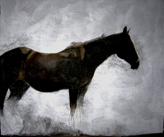 life-size painting of dark horse by Eugenia Mitsanas 