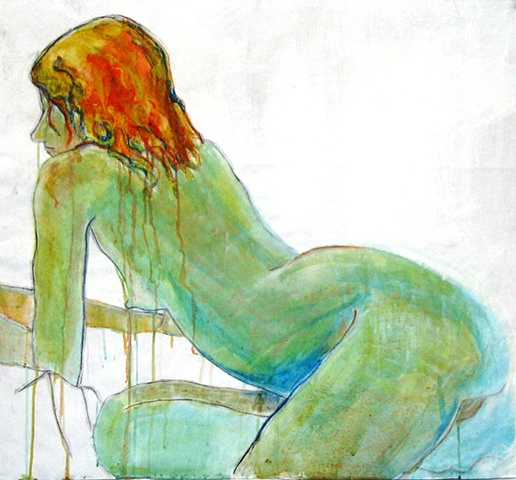 painting of reclining nude resting on elbows by Eugenia Mitsanas