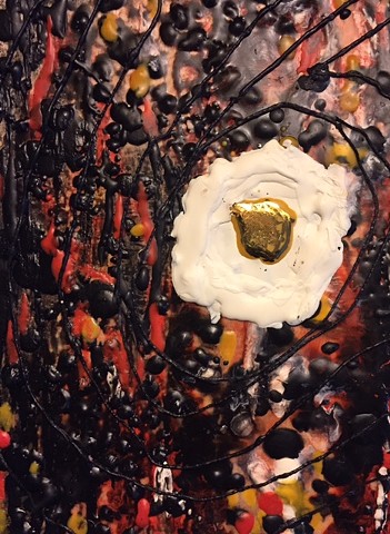 textural encaustic, black, red tones with white and gold leaf