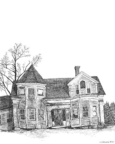 A pen and ink drawing of an old, falling down house on Rte. 1 in Maine by Leslie Moore of PenPets.