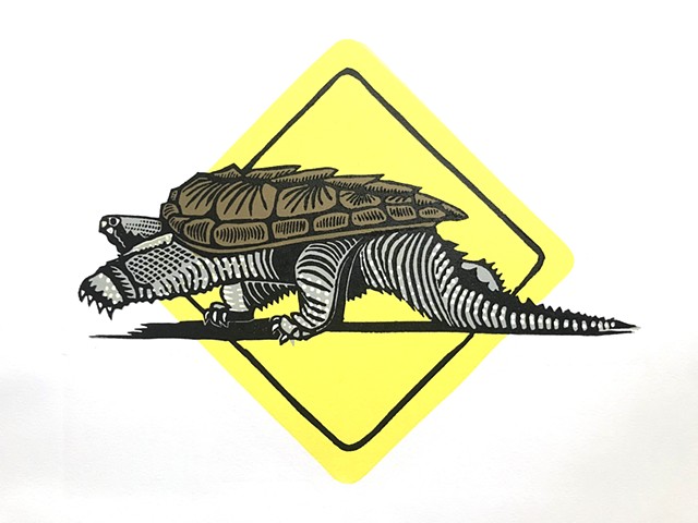 snapping turtle, turtle crossing, linocut