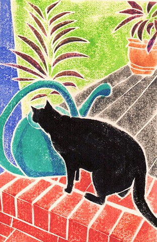 a white-line woodblock print of a black cat drinking out of a green watering can by Leslie Moore of PenPets