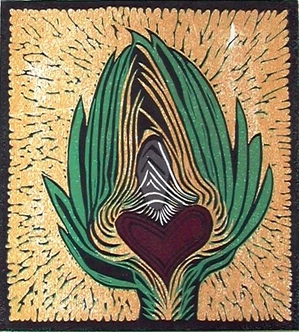 a reduction woodcut of an artichoke halved with a red heart at its center by Leslie Moore of PenPets