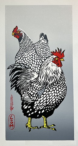 chickens, rooster, hen, Silver Laced Wyandotte, poultry, chicken linocut, chicken art
