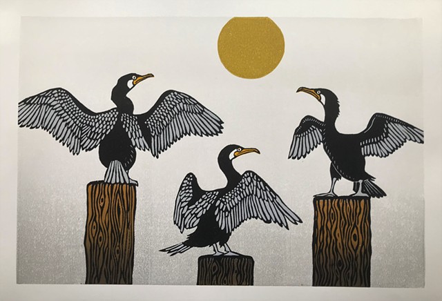 bird art, cormorant art, cormorant linocut, reduction linocut