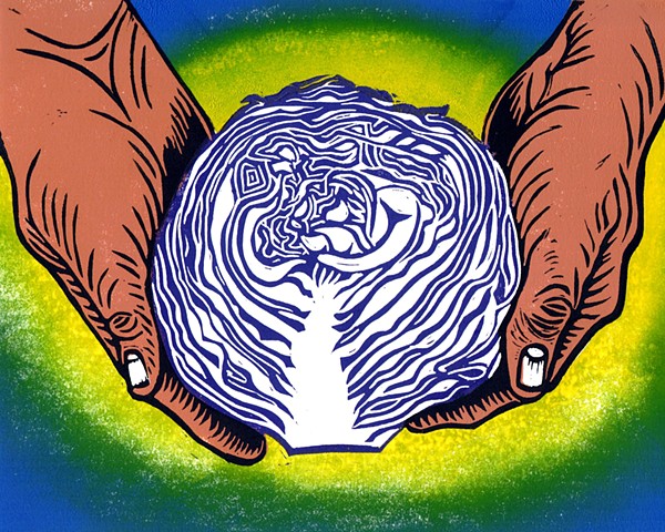 a multi-color linocut with a rainbow background of two hands holding a purple cabbage cut in half with the purple lines showing by Leslie Moore of PenPets