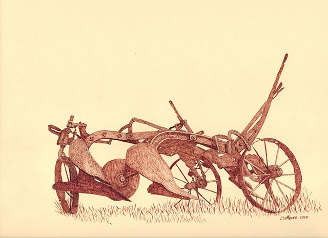 a sepia pen and ink drawing on cream paper of an old sulky plow by Leslie Moore of PenPets
