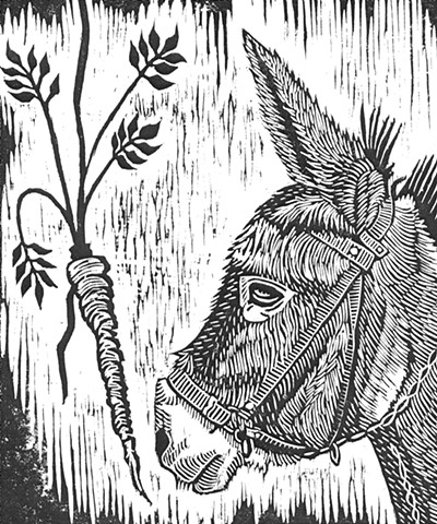 a woodcut of a donkey's head facing a dangling carrot by Leslie Moore of PenPets