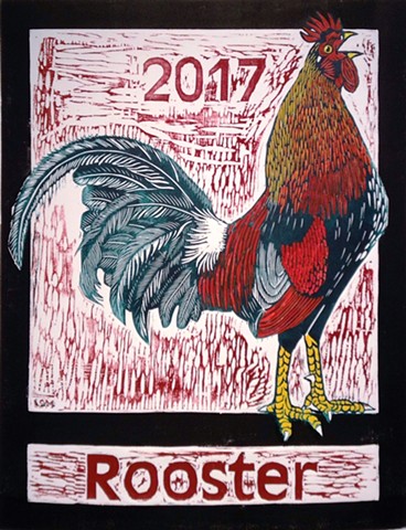 a multi-colored woodcut of a rooster by Leslie Moore of PenPets