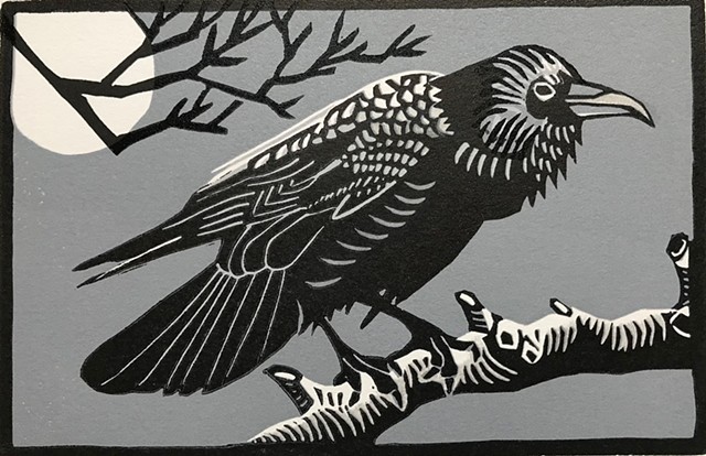 bird art, crow art, crow linocut, reduction linocut