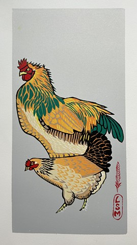 chickens, rooster, hen, golden brahma, poultry, chicken linocut, chicken art