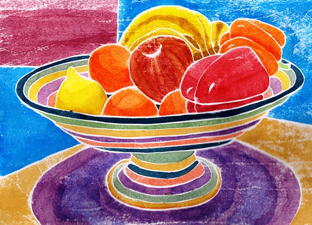 a white-line woodblock print of a colorful fruit bowl holding fruit Leslie Moore 