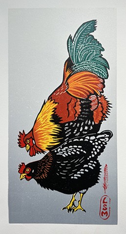 chicken art, rooster, hen, black cooper maran, linocut chickens, linocut art