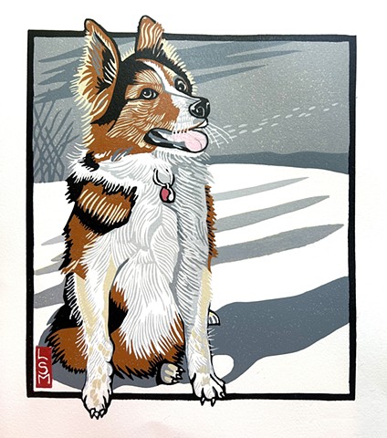 border collie, linocut border collie,