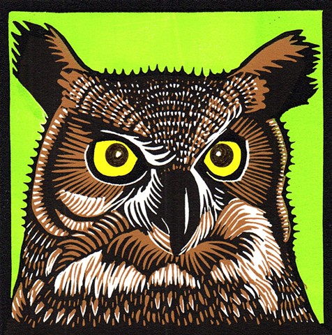 bird art, owl art, great horned owl art, owl linocut, great horned owl linocut, reduction linocut