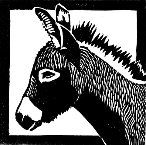 a woodcut of a donkey by Leslie Moore of PenPets