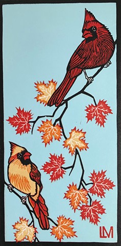 bird art, cardinal art, cardinal linocut, reduction linocut